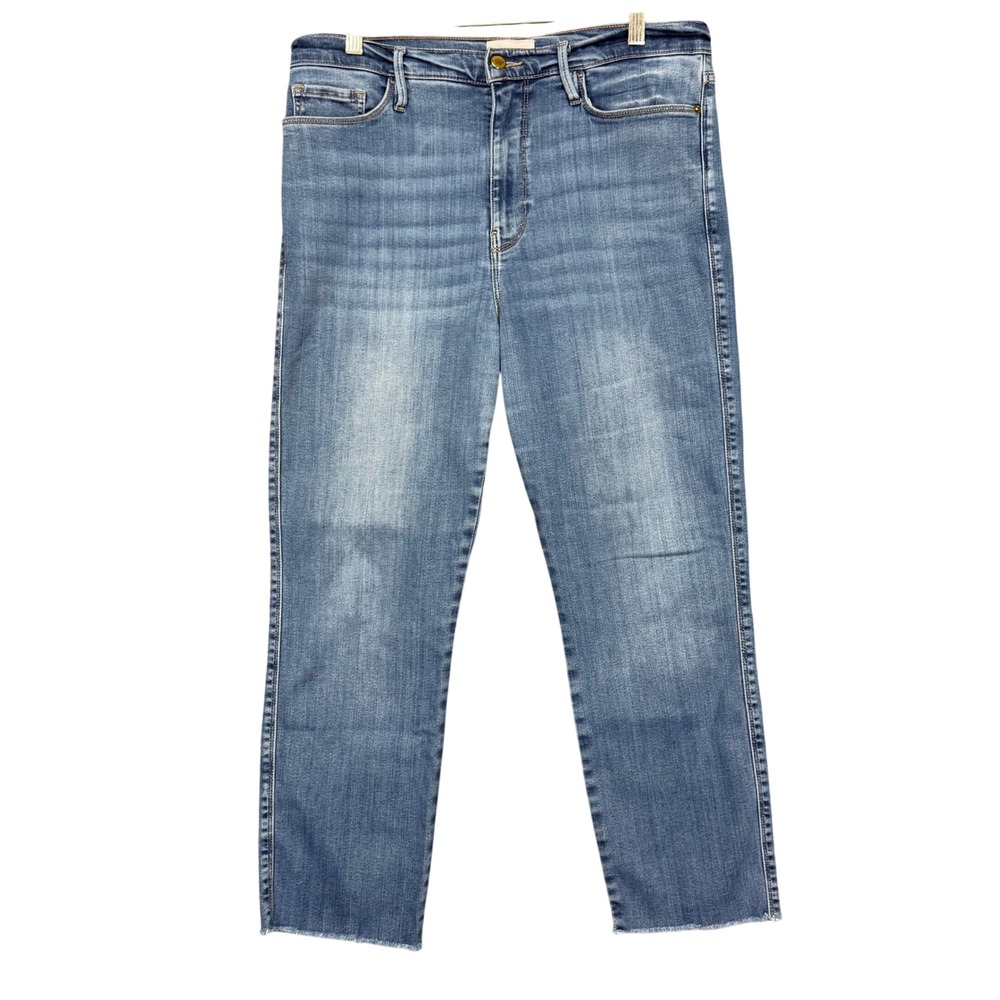 FRAME Le Sylvie Slender Straight Jeans Womens 32 Blue High Rise Raw Hem Bonhill